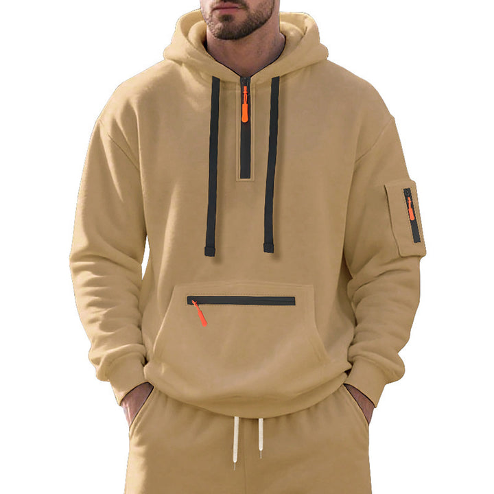 Herren nan technischer Freizeit-Hoodie mit kurzem mittigem Reißverschluss, Reißverschluss-Kängurutasche und Ärmeltasche Drune