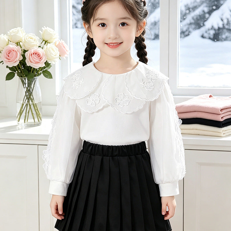 Mädchen elegante Bluse mit verzierter Rückenöffnung und Tüllärmeln Drune