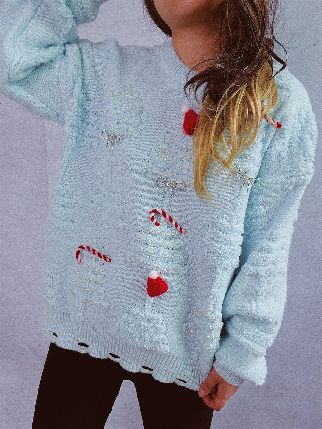 Damen festlicher Pullover mit kreativen Weihnachtsmotiven und strukturiertem Design Drune