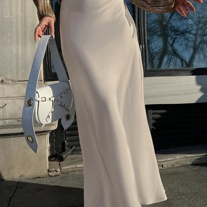 Damen eleganter Maxirock aus fließendem Material mit hohem Taillenschnitt Drune