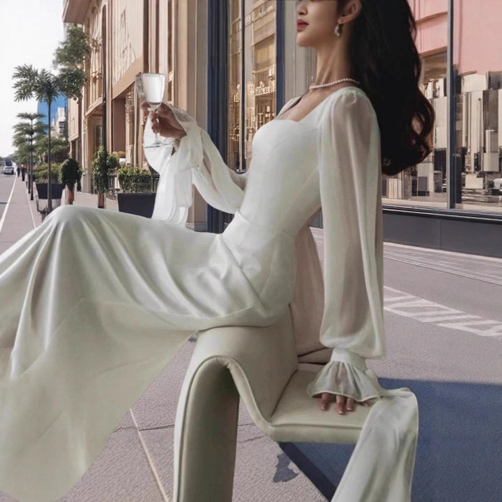Damen elegantes Maxikleid mit Puffärmeln und quadratischem Ausschnitt Drune