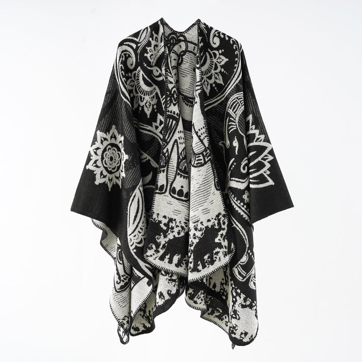 Damen eleganter Übergang-Poncho mit kunstvollem floralen Muster und fransigen Abschlüssen Drune