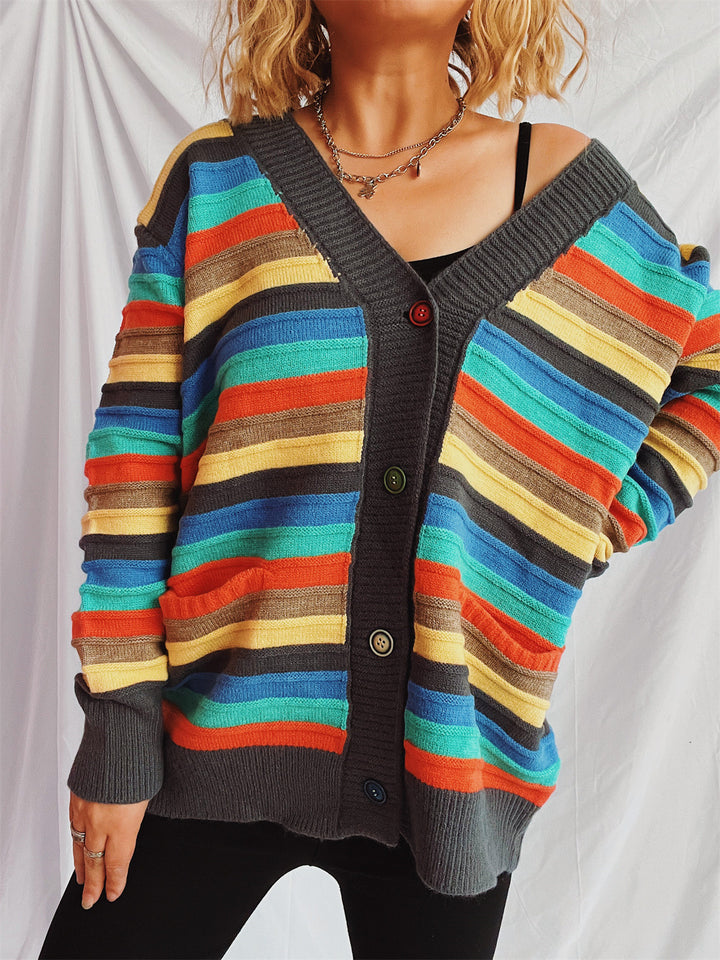 Damen Strickjacke mit buntem Streifenmuster und knöpfbarem Design Drune
