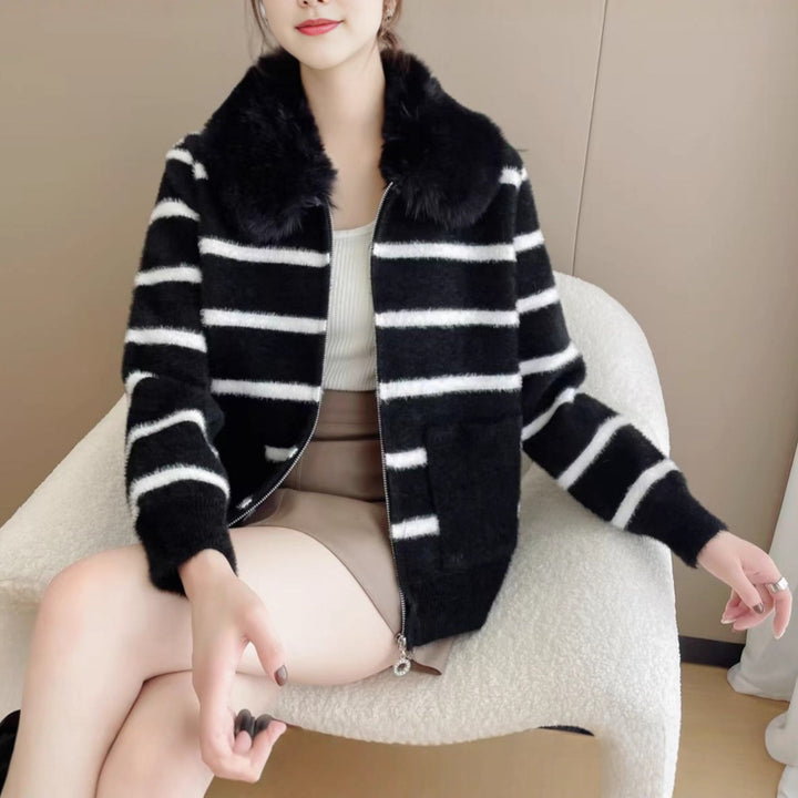 Damen kuschelige Strickjacke mit weich gefüttertem Kragen Drune