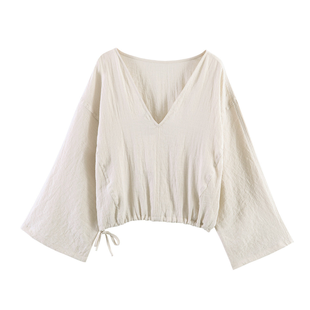 Damen lässige Bluse mit weitem V-Ausschnitt und elastischem Saum Drune