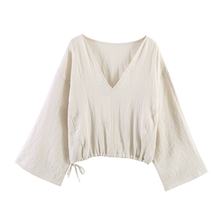 Damen lässige Bluse mit weitem V-Ausschnitt und elastischem Saum Drune