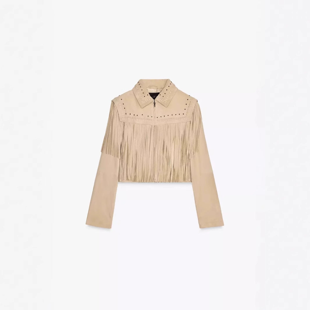 Damen modische Fransenjacke mit steinverziertem Kragen Drune