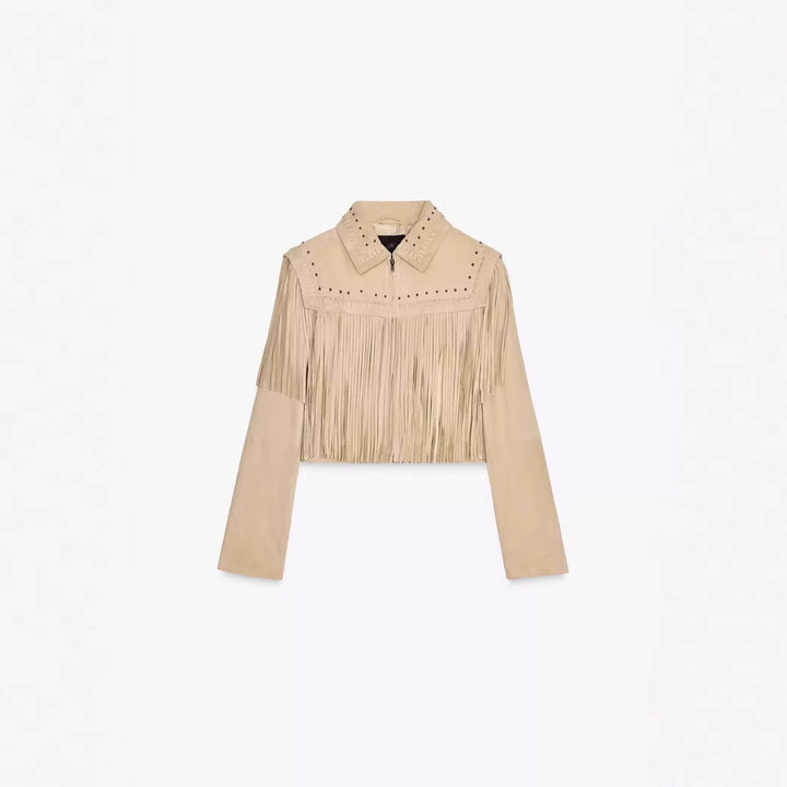 Damen modische Fransenjacke mit steinverziertem Kragen Drune