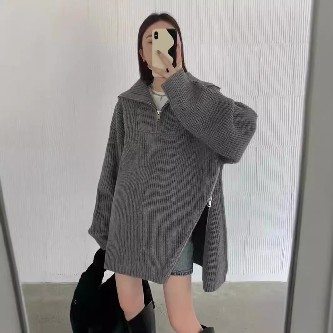 Damen lässiger Strickpullover mit einem hohen Kragen und seitlichem Reißverschluss Drune