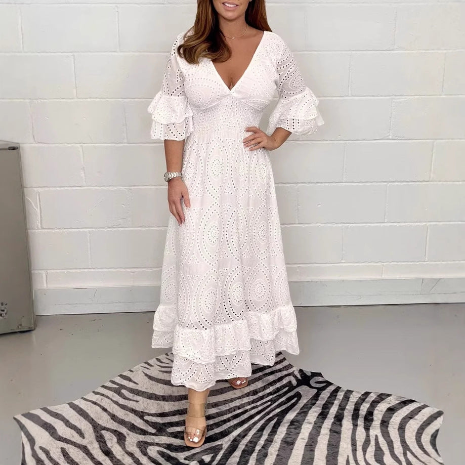 Damen Maxikleid mit floraler Lochstickerei und weiten Ärmeln Drune