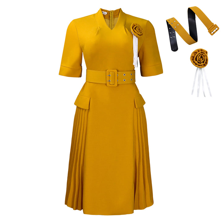 Damen Midi-Kleid mit stilvollem Gürtel und eleganter Rüsche Drune