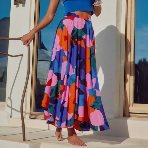 Damen Maxi-Rock mit buntem Blumendesign und fließendem Fall Drune