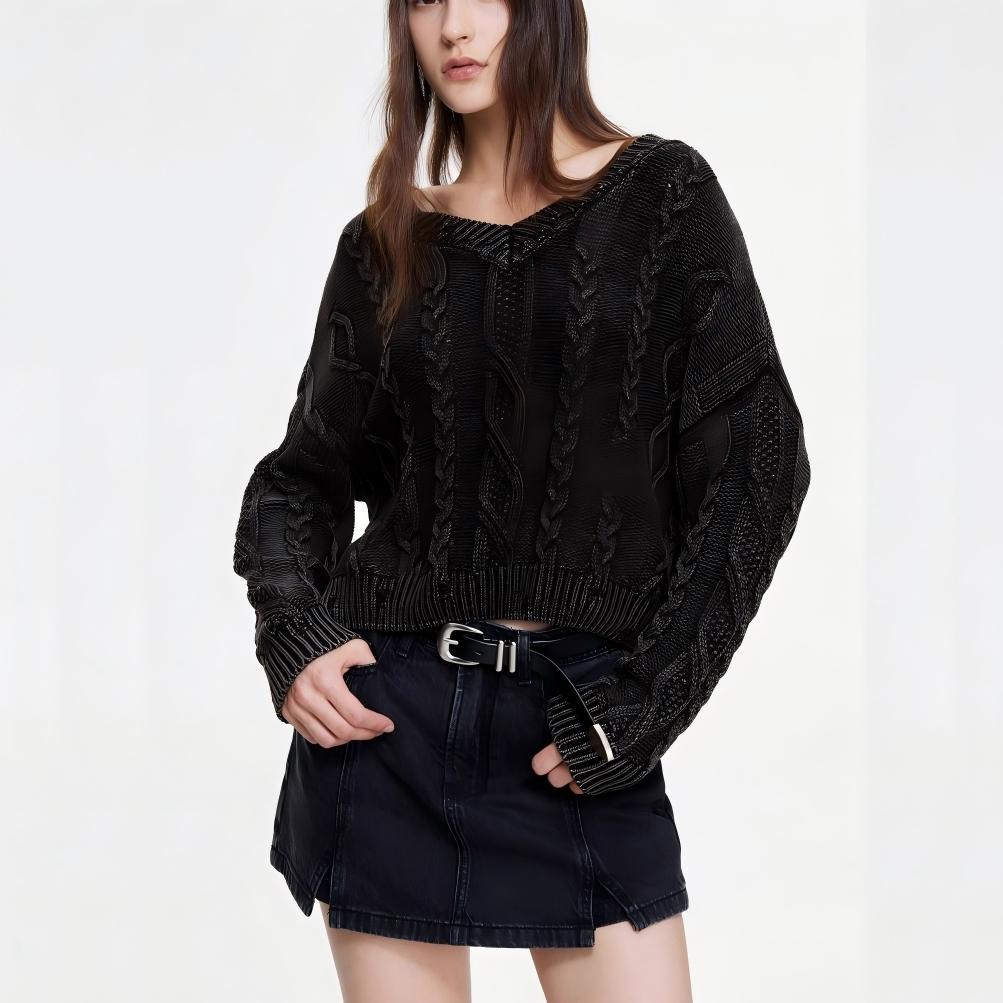 Damen Strickpullover mit Zopfmuster und V-Ausschnitt Drune