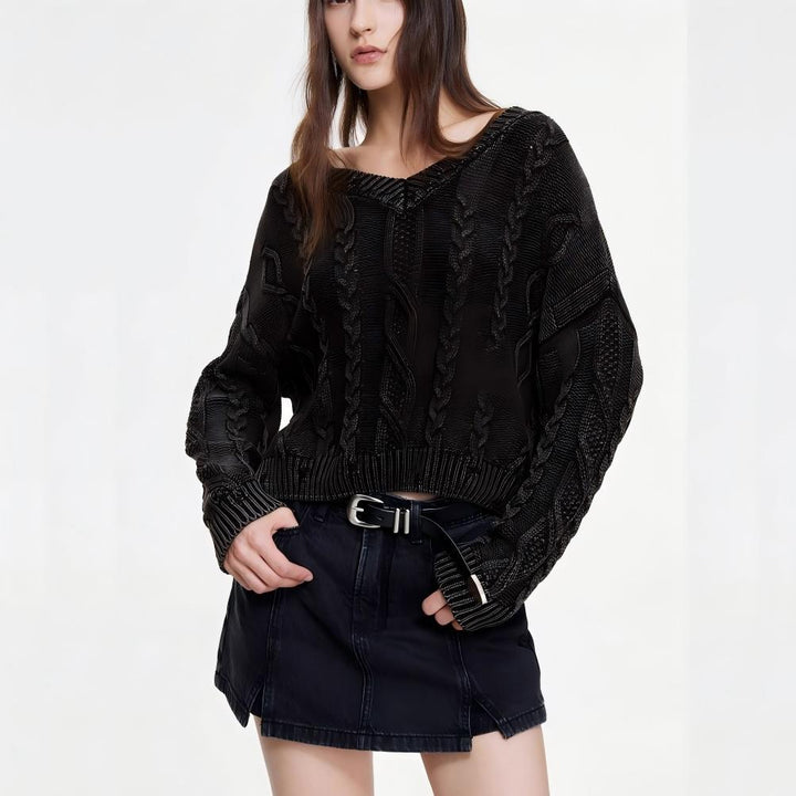 Damen Strickpullover mit Zopfmuster und V-Ausschnitt Drune