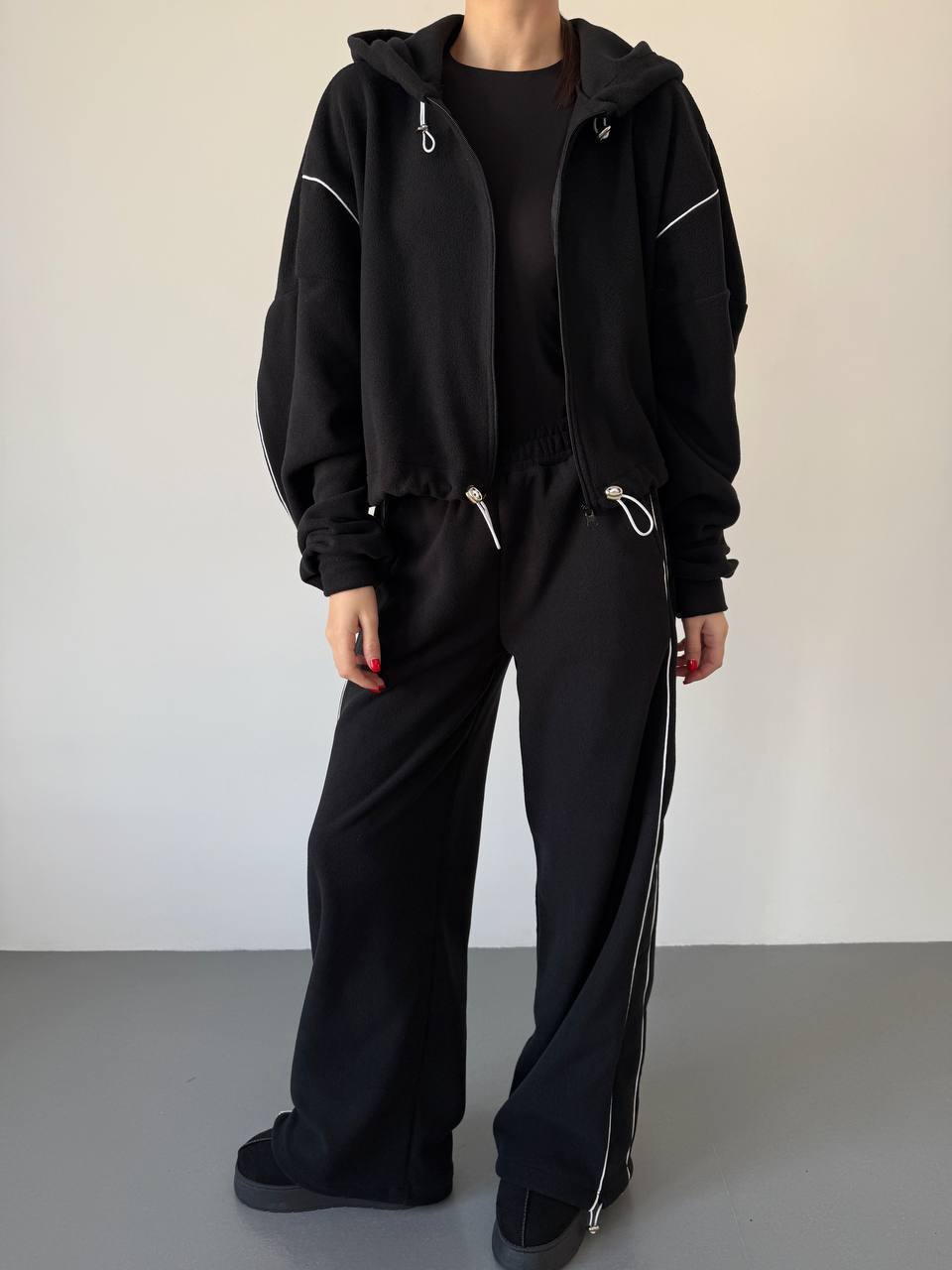 Damen lässiges Fleece-Set mit Kapuze und elastischem Bund Drune