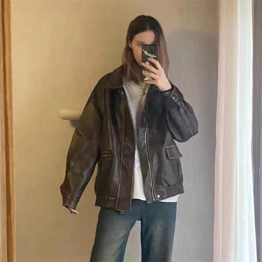 Damen Lederjacke im Vintage-Stil mit lässigem Schnitt Drune