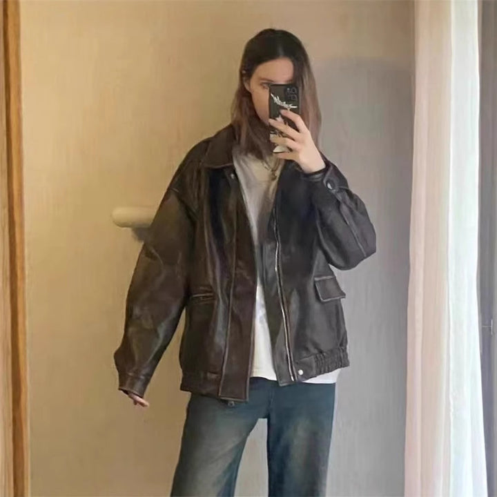 Damen Lederjacke im Vintage-Stil mit lässigem Schnitt Drune