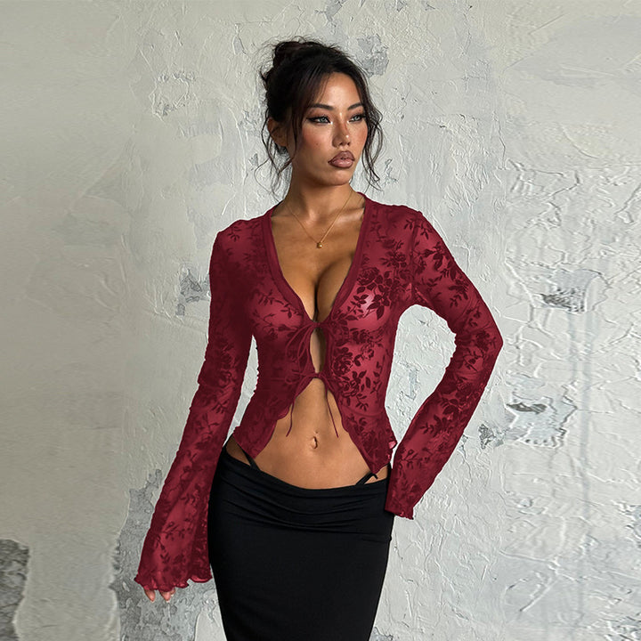 Damen Transparentes Spitzenoberteil mit floralem Design Drune