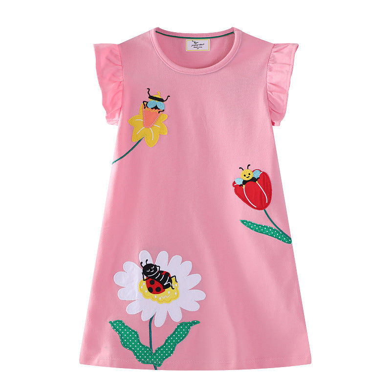 Mädchen Baumwollkleid mit fröhlichem Blumen- und Insektenmotiv Drune