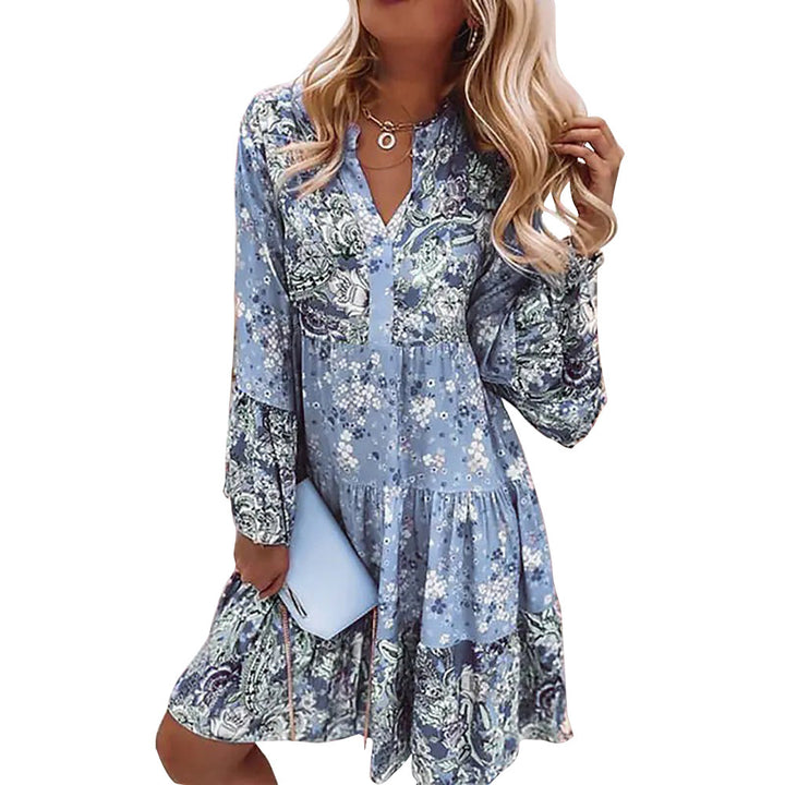 Damen nan florales Boho-Kleid mit V-Ausschnitt und Stufenrock Drune