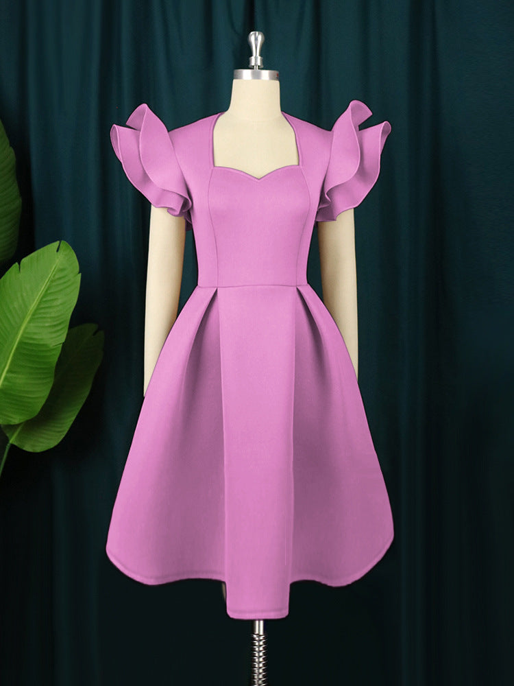 Damen elegantes Kleid mit voluminösen Rüschensäumen Drune