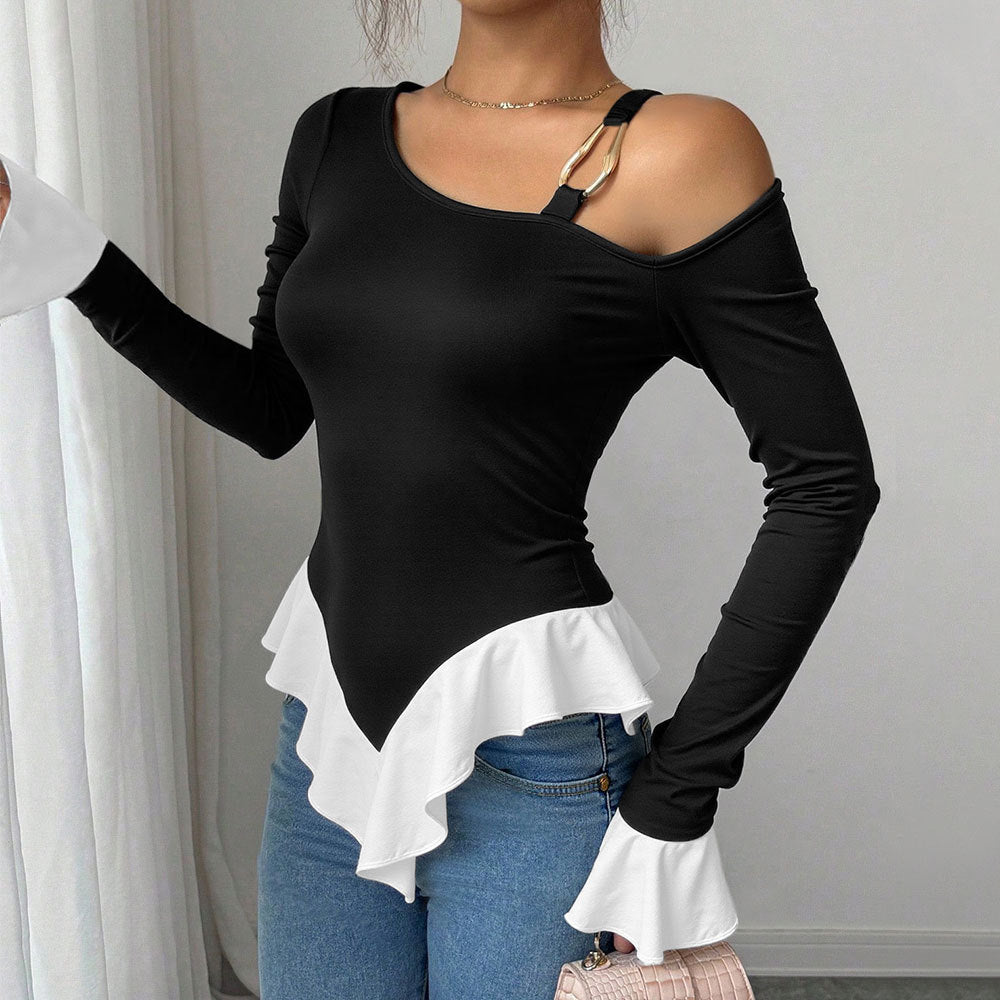 Damen Off-Shoulder Top mit modischem Volant und dekorativem Bindeelement Drune
