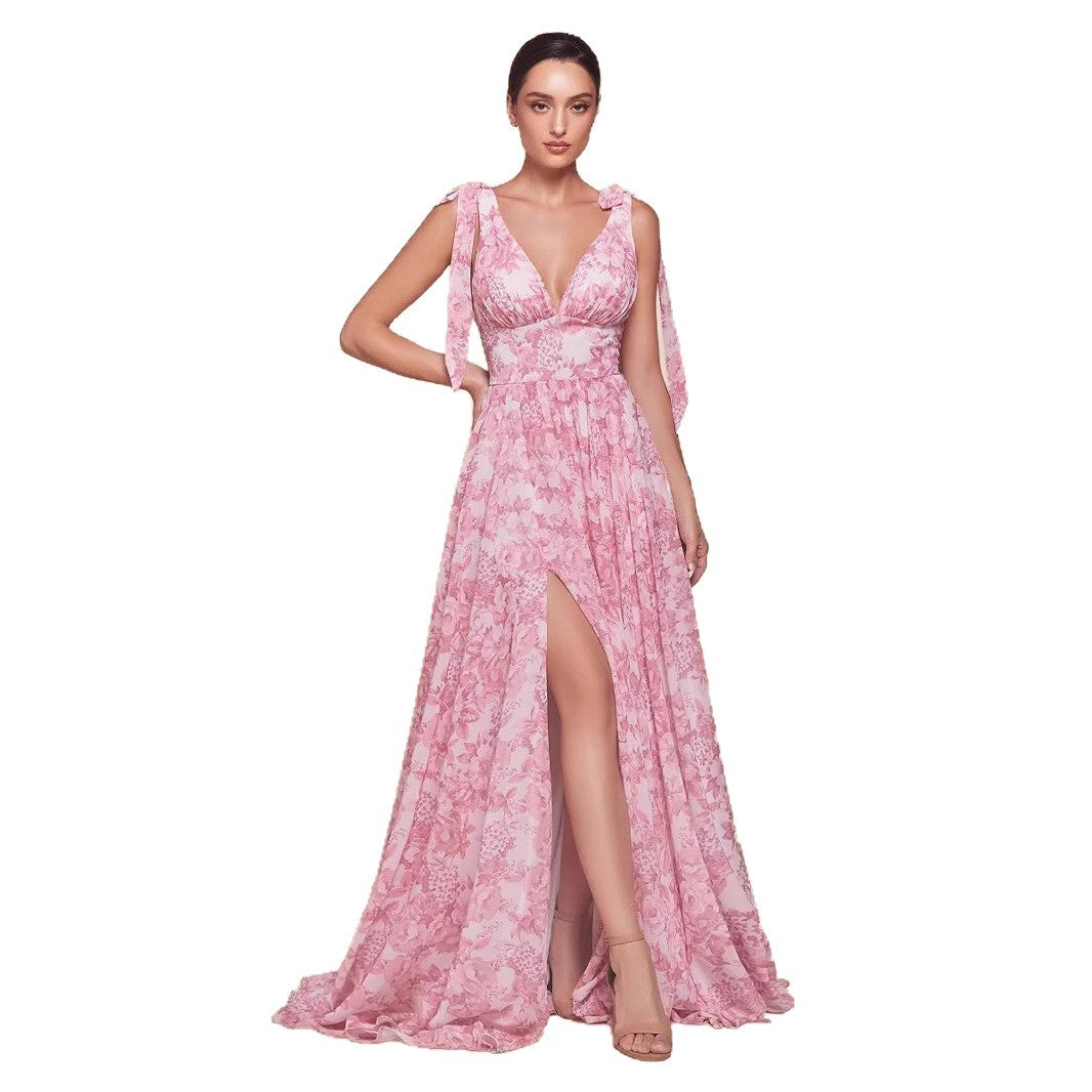 Damen Maxikleid mit romantischem floralem Muster und tiefem Schlitz Drune