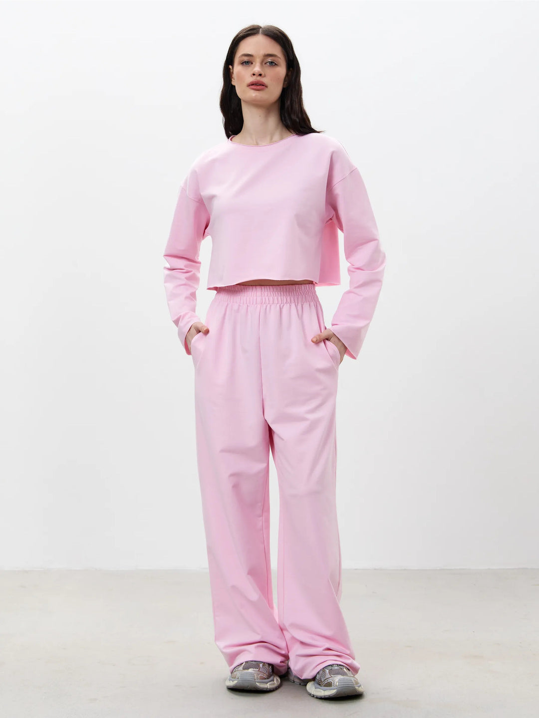 Damen Komfortables Cropped Sweatshirt und Weite Jogginghose Set Drune