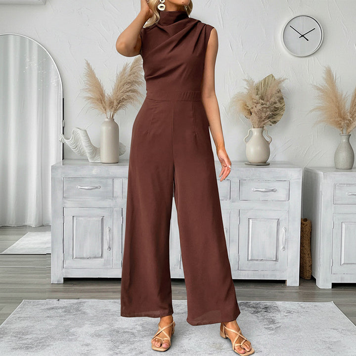 Damen eleganter Jumpsuit mit hohem Kragen und weit geschnittenem Bein Drune