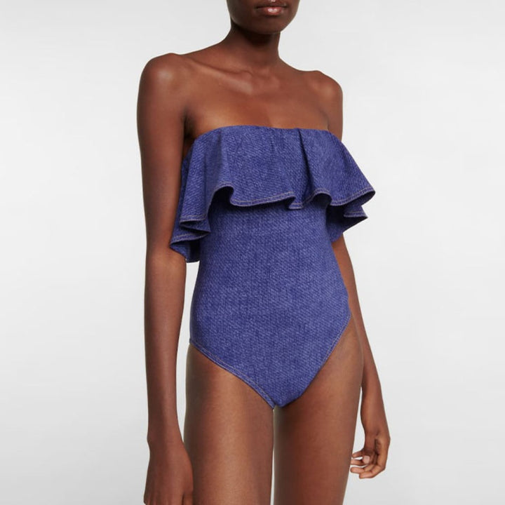 Damen Bandeau Badeanzug mit dekorativen Schleifen und gestreiftem Maxiröckchen Drune