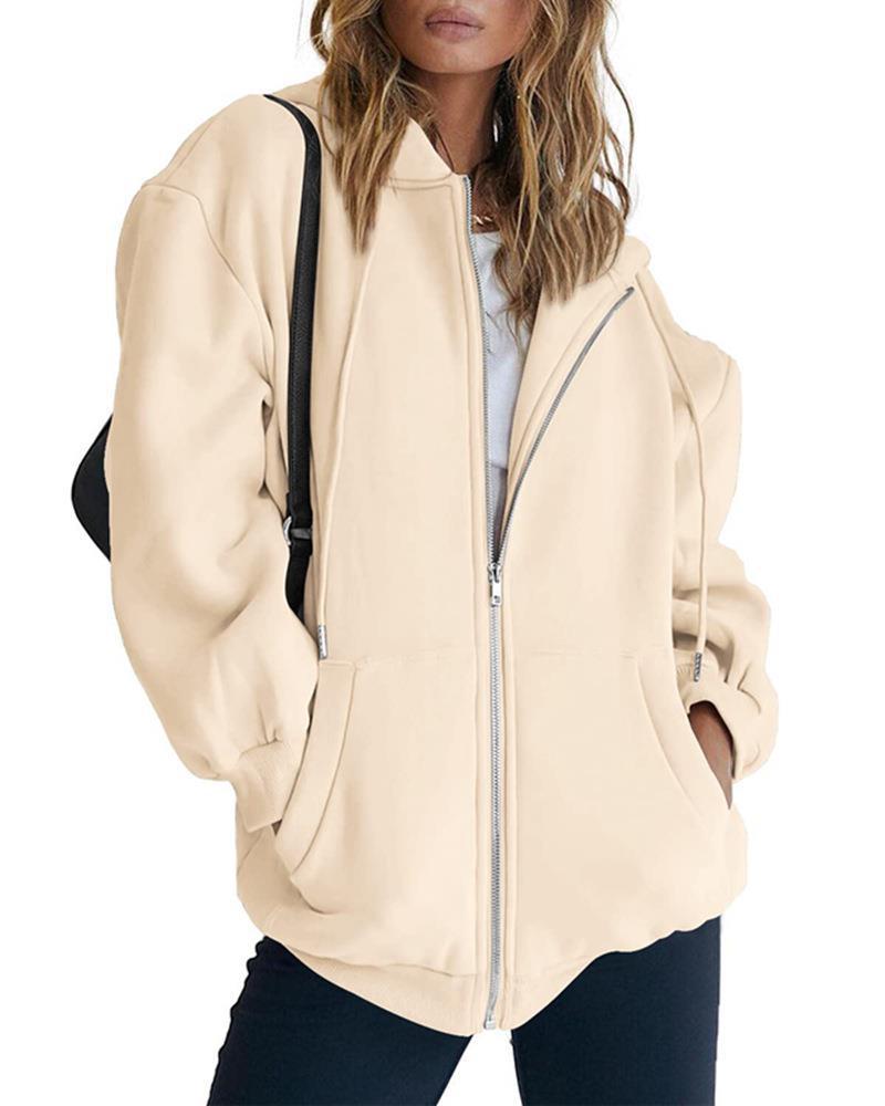 Damen nan Oversize-Kapuzenjacke mit durchgehendem Reißverschluss French-Terry, Kängurutaschen und elastischen Bündchen Drune