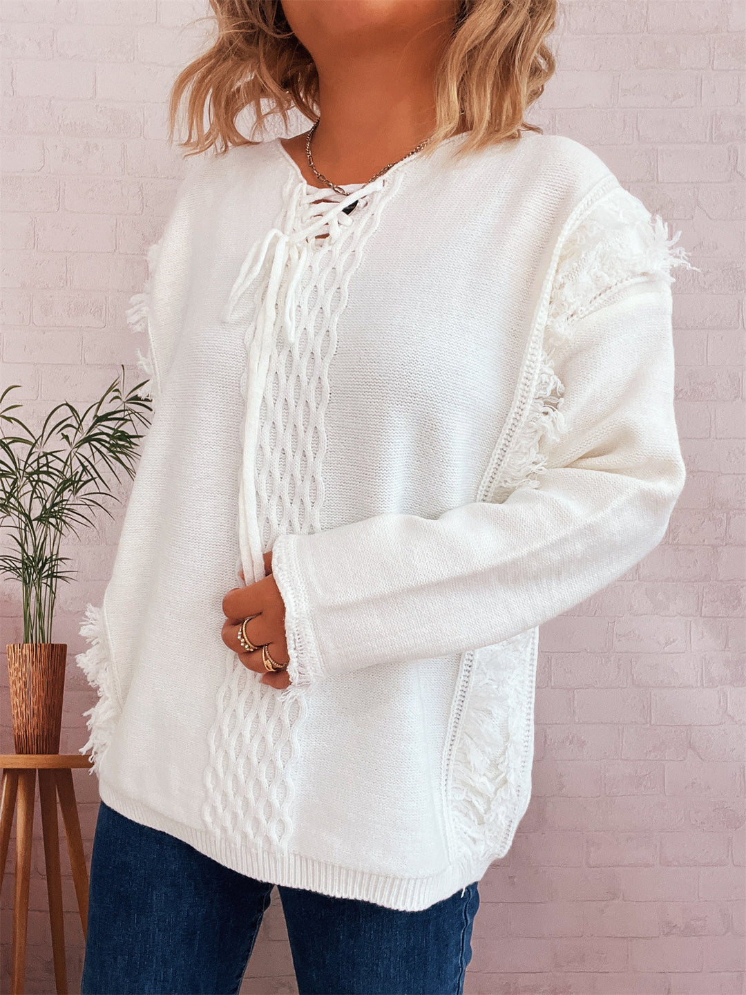 Damen Oversize-Strickpullover mit verspieltem Fransen-Design und Zopfmuster Drune