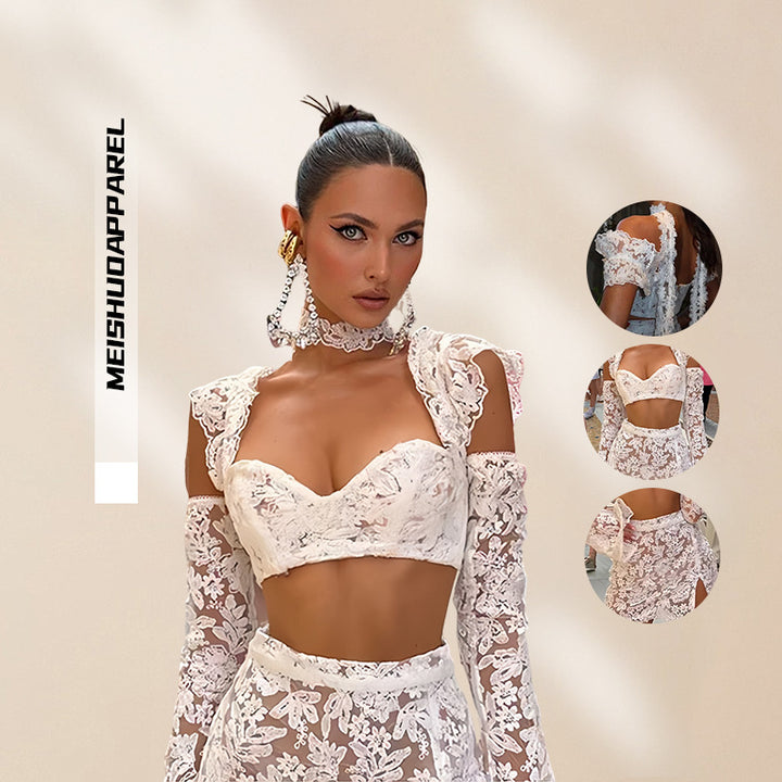 Damen Lace Crop Top und Rock Set mit transparenten Details Drune