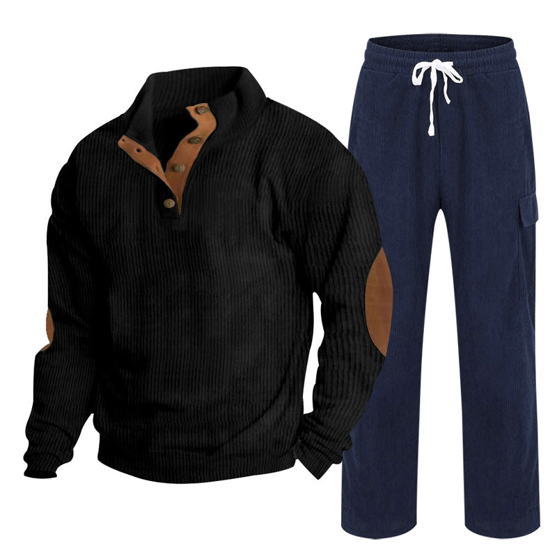 Herren nan strukturiertes Cord-Henley-Loungewear-Set mit Ellenbogenpatches und Cargo-Jogpant Drune