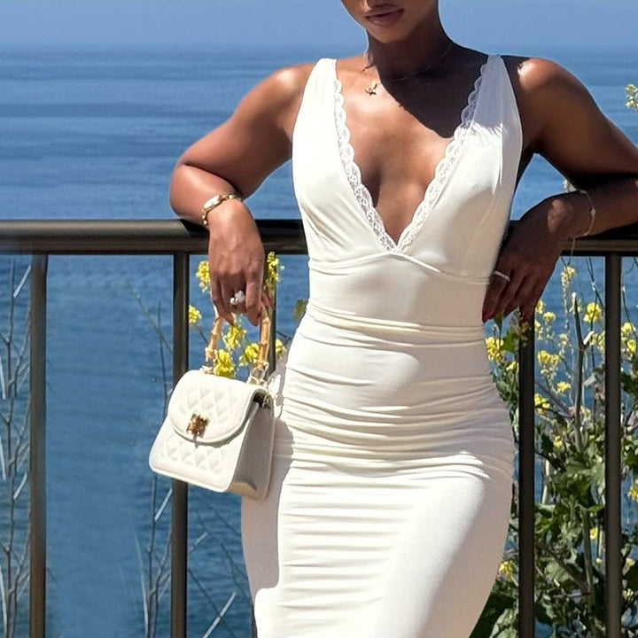 Damen elegantes figurbetontes Midi-Kleid mit verführerischem V-Ausschnitt und feinen Trägern Drune