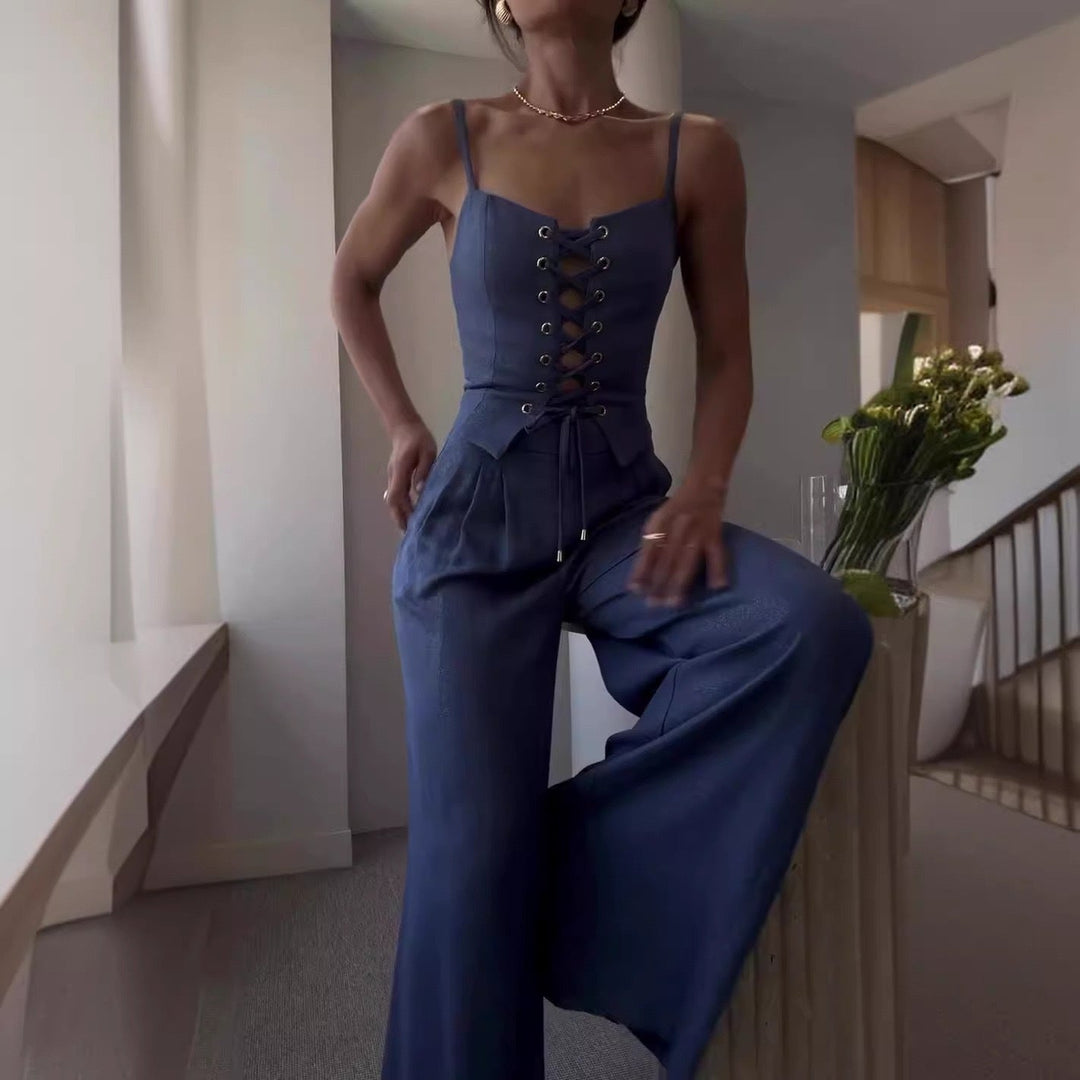 Damen Jumpsuit mit femininer Schnürung und weit geschnittenem Bein Drune