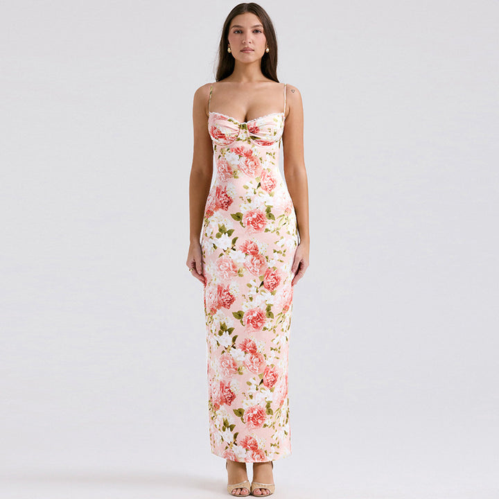 Damen Langärmeliges Satin Maxikleid mit floralen Rüschen Drune