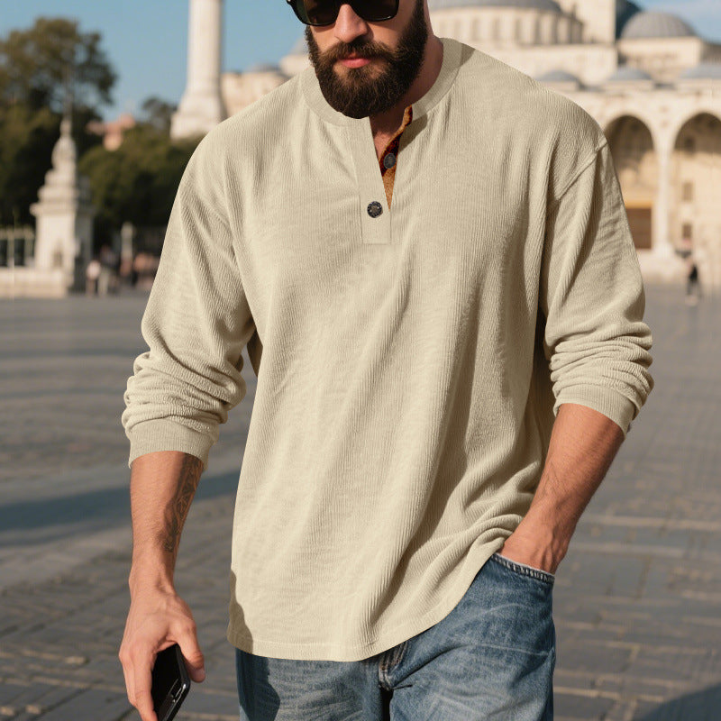 Herren Langarm-Henley-Shirt mit strukturiertem Material und modischen Knopfdetails Drune