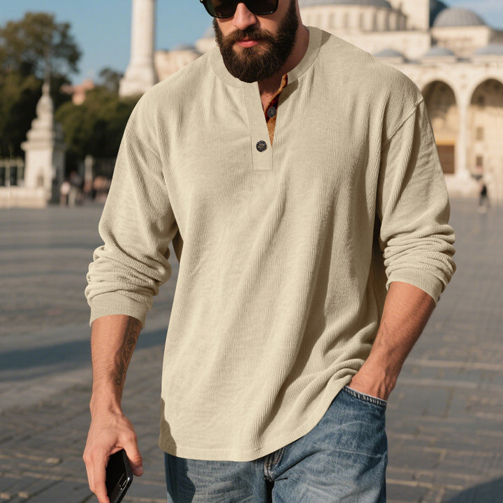 Herren Langarm-Henley-Shirt mit strukturiertem Material und modischen Knopfdetails Drune