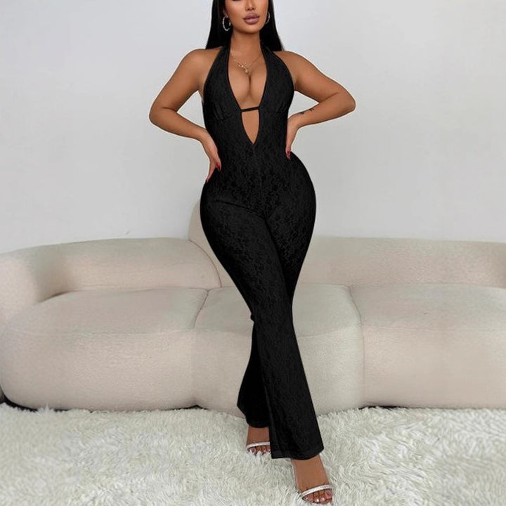 Damen eleganter Jumpsuit mit tiefem V-Ausschnitt und Spitzendetails Drune