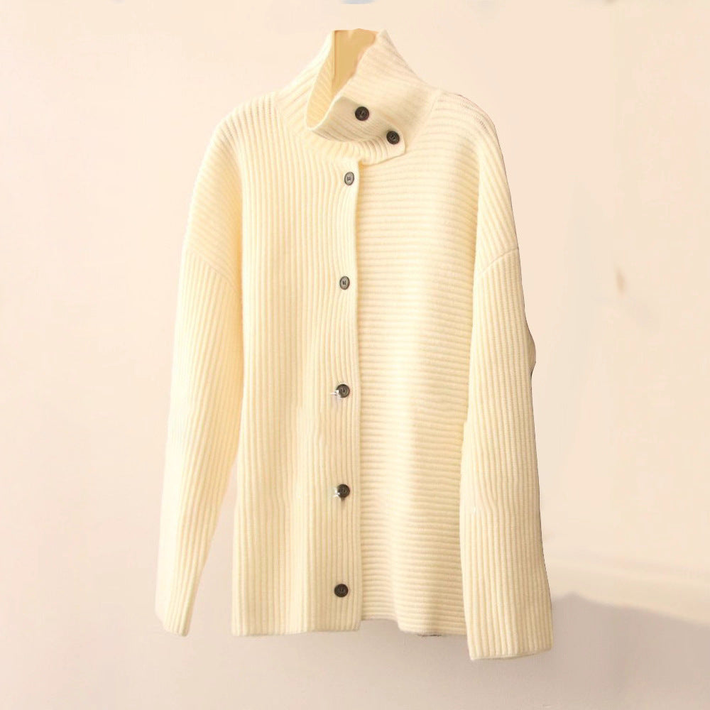 Damen Grobstrickcardigan mit hohem Kragen und Knopfleiste Drune