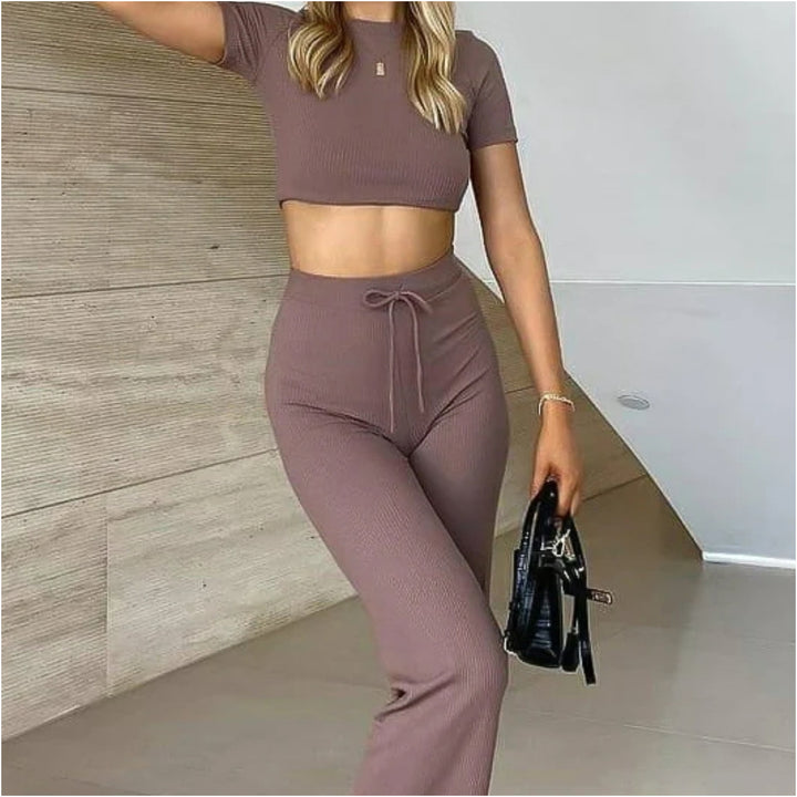 Damen lässiges Rippstrick-Cropped-Oberteil und Hose Set Drune