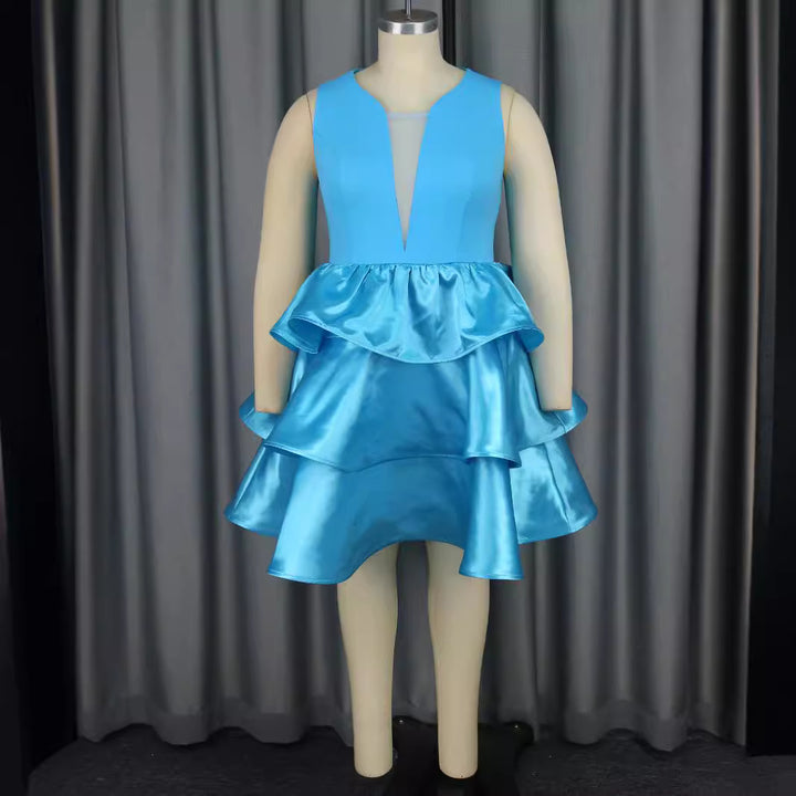 Damen Festliches Schwingendes Kleid mit Volant und Transparente Einsätze Drune