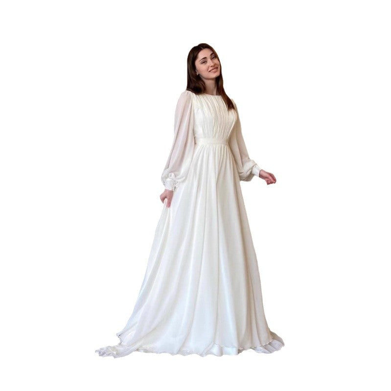 Damen Maxi-Party Kleid mit langen fließenden Ärmeln und Spitzenakzenten Drune