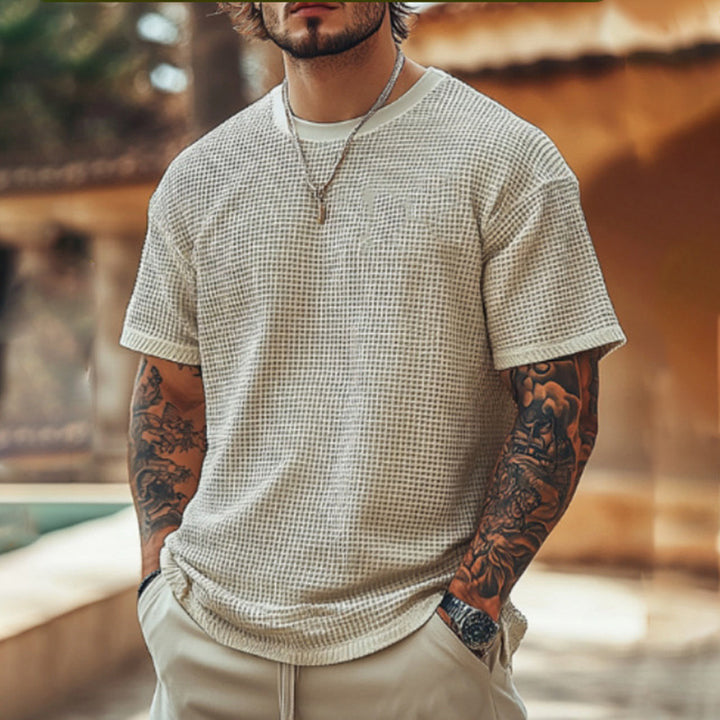 Herren lässiges Waffelstrick-T-Shirt mit Rundhalsausschnitt Drune