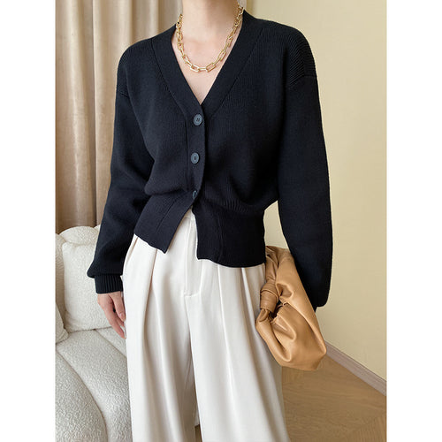 Damen modische Strickjacke mit Knopfdetails und elegantem V-Ausschnitt Drune