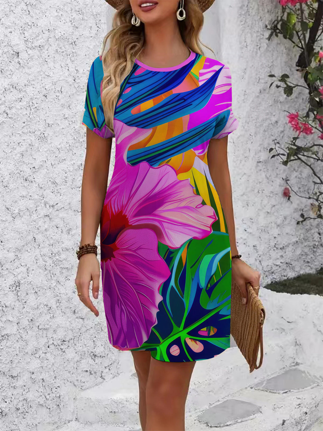 Damen lässiges T-Shirt Kleid mit buntem Blumenmuster und bequemem Schnitt Drune