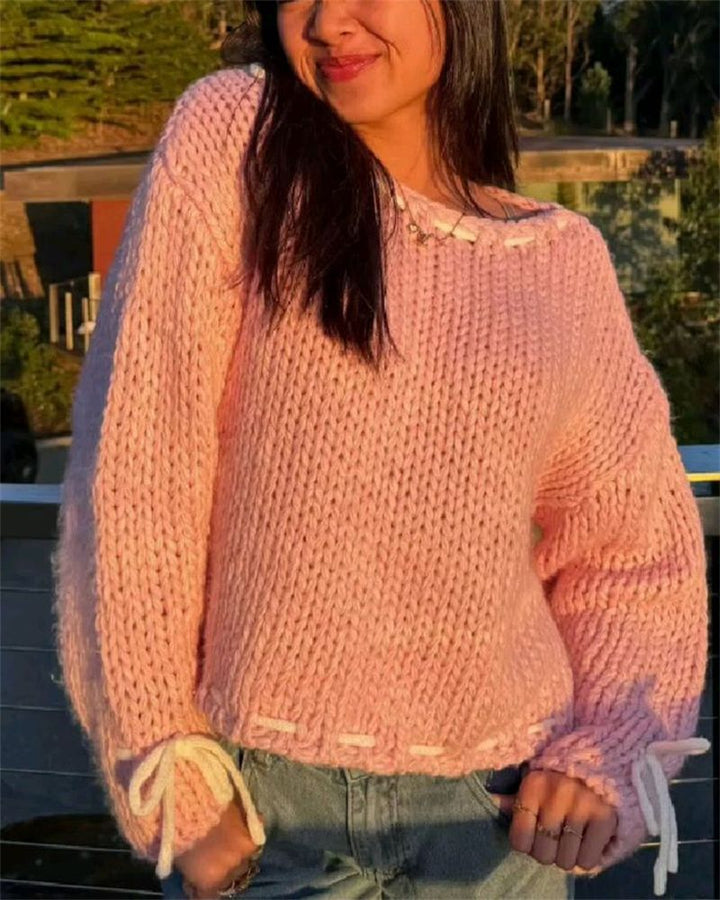Damen lockerer Pullover mit raffinierten Kordelverschluss-Details Drune