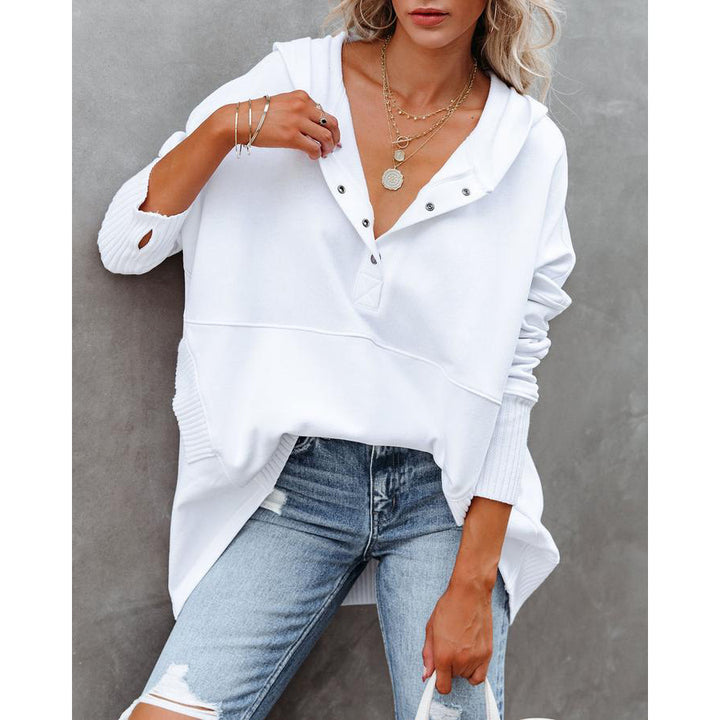 Damen Oversized Kapuzenpullover mit Knopfleiste und seitlichen Eingrifftaschen Drune