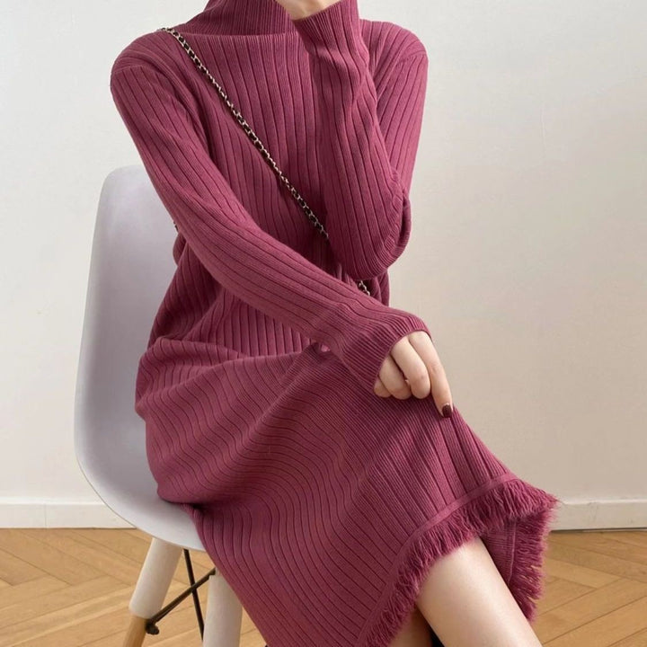 Damen Strickkleid mit hochgeschlossenem Kragen und angesagter Fransenverzierung Drune